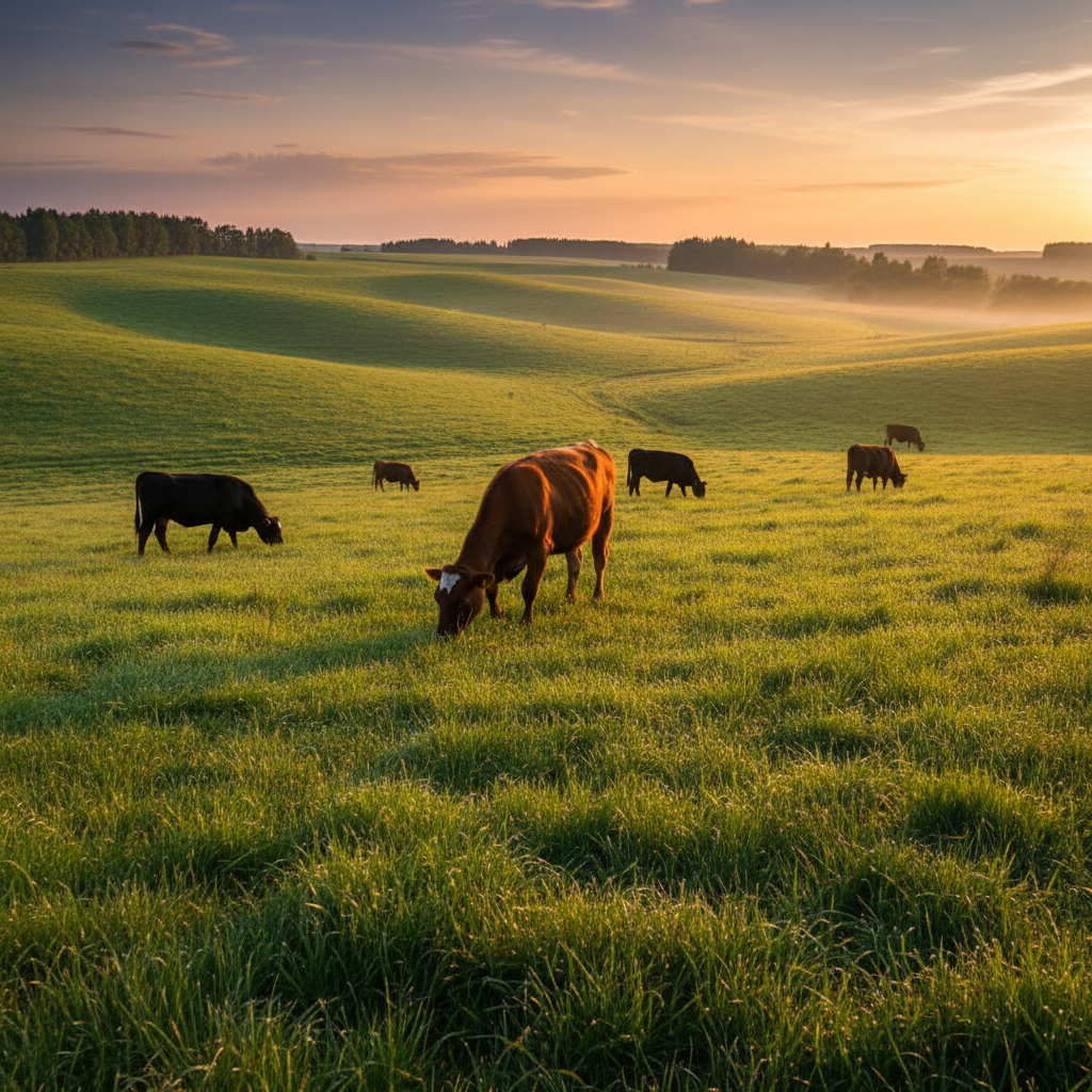 Cattle herd on lush green African savanna at dawn, mist in background, peaceful pastoral scene, golden hour light