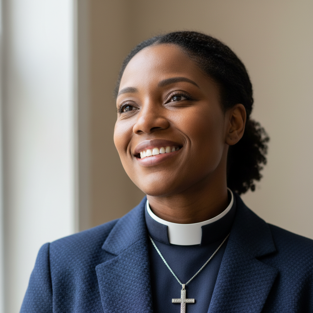 Female pastor with warm welcoming smile, professional portrait in natural light, genuine and kind expression