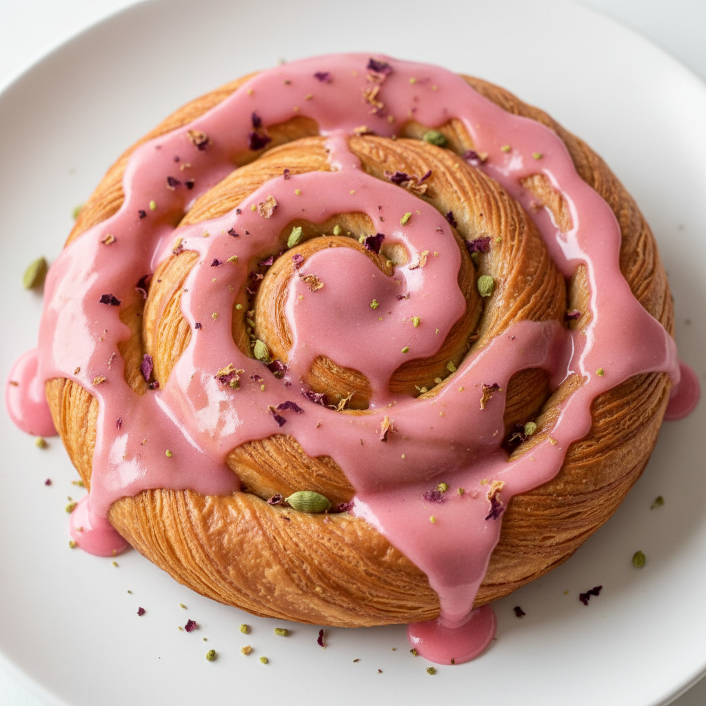 Spiral cardamom rose danish pastry with pink glaze on a white plate