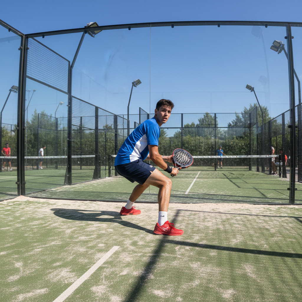 Junior padel player before coaching, hesitant at back glass wall, defensive scramble position