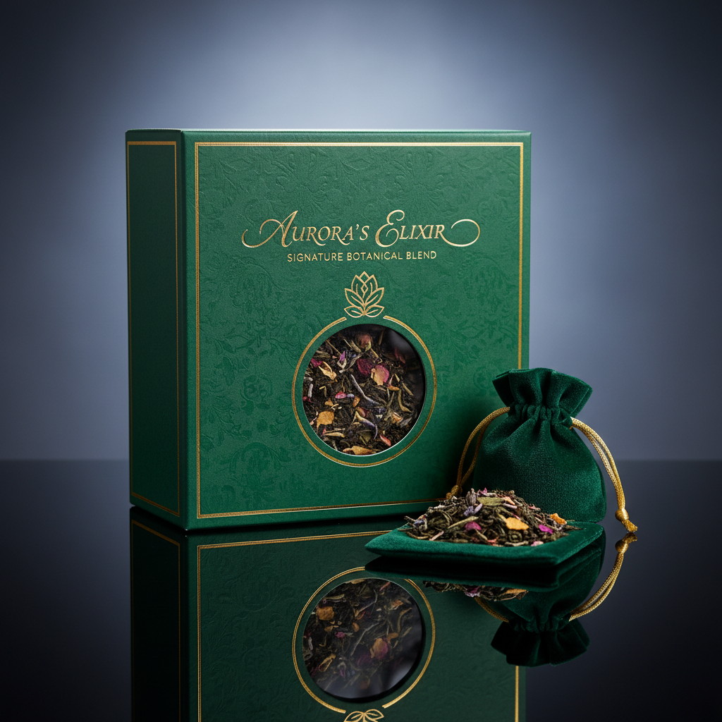 Premium tea leaves in aroma-preserving flexible packaging with elegant printed design