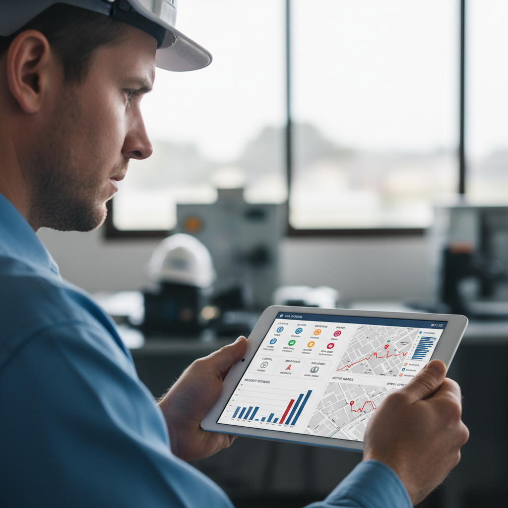 Construction superintendent reviewing a digital safety dashboard on a tablet at a jobsite