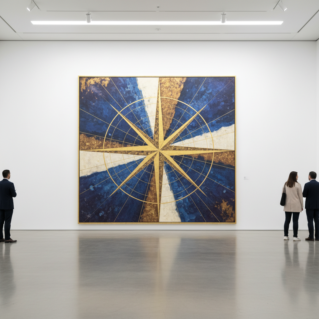 Ochre Meridian installed — artwork shown hanging on white gallery wall, framed in natural oak, scale reference visible