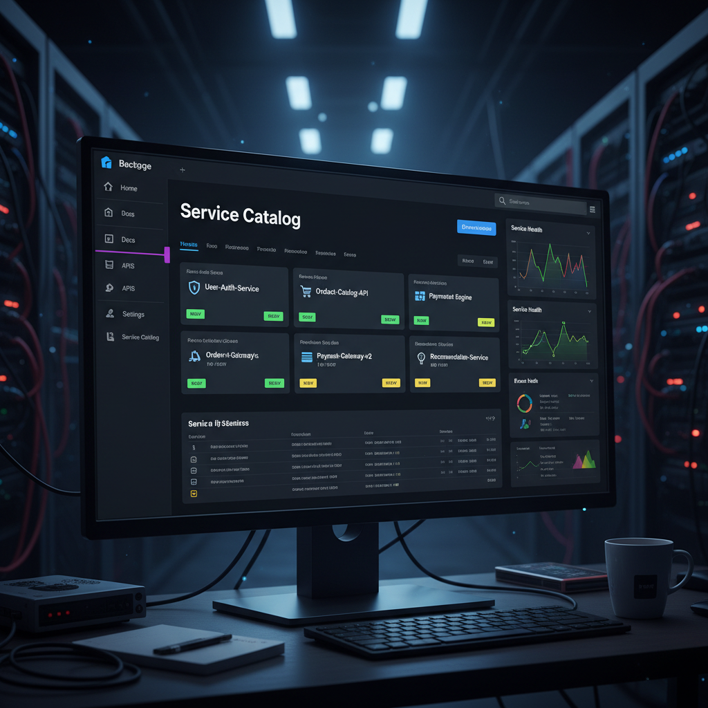 Backstage developer portal dashboard showing service catalog with multiple microservices listed