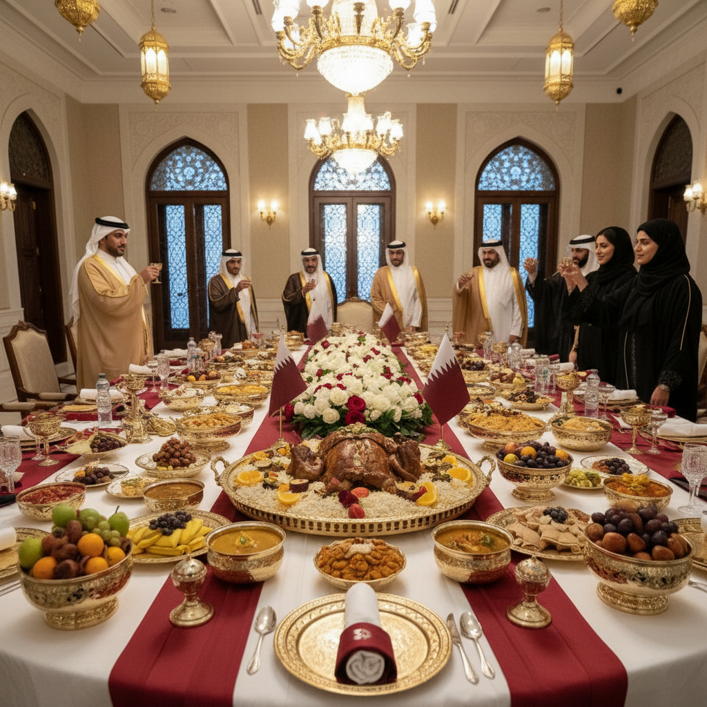 Formal National Day banquet table with Qatari flag colors, traditional brass serving vessels, and ceremonial food presentation