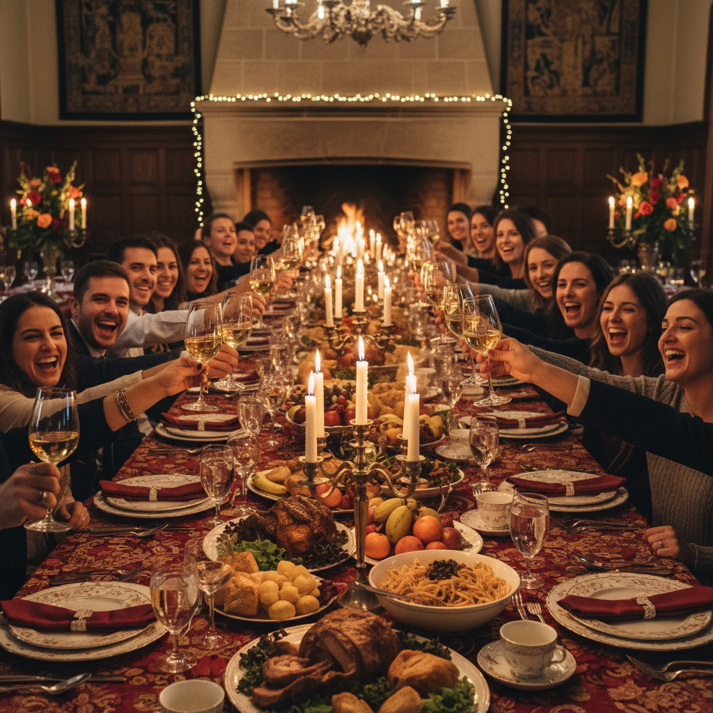 Long banquet table set for a celebration with wine glasses raised mid-toast