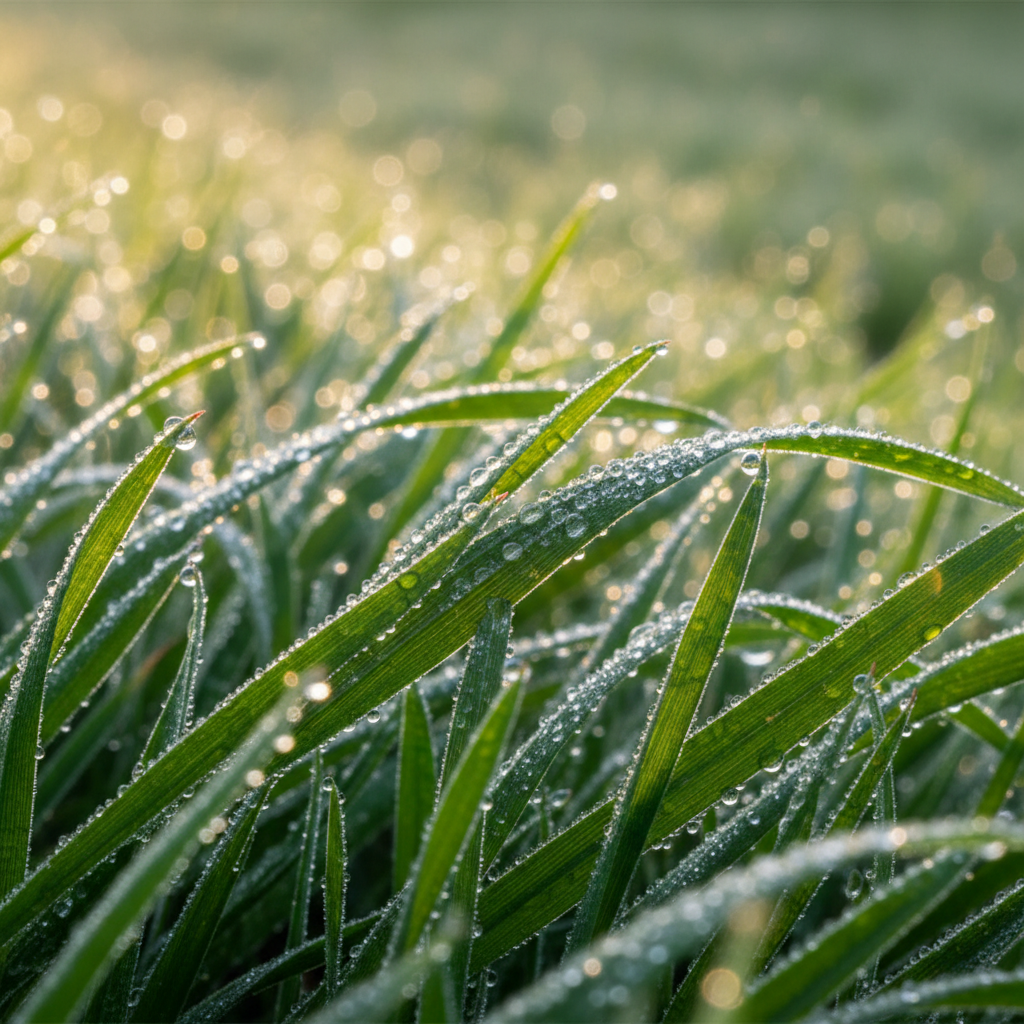 Close-up of healthy zoysia grass blades in morning dew, Hong Kong hillside garden