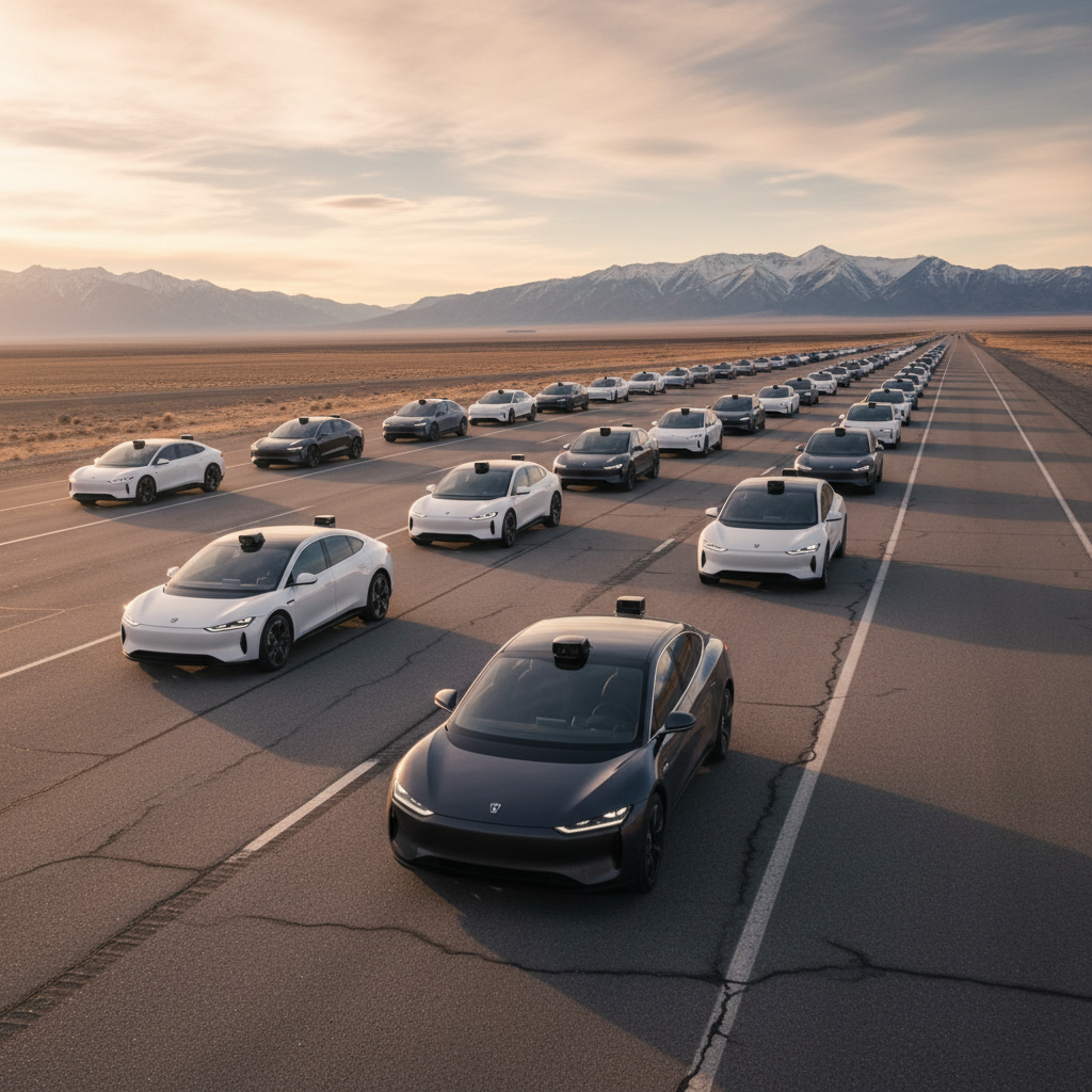 Wide shot of autonomous vehicle test fleet on empty highway at dusk, mountains visible in background