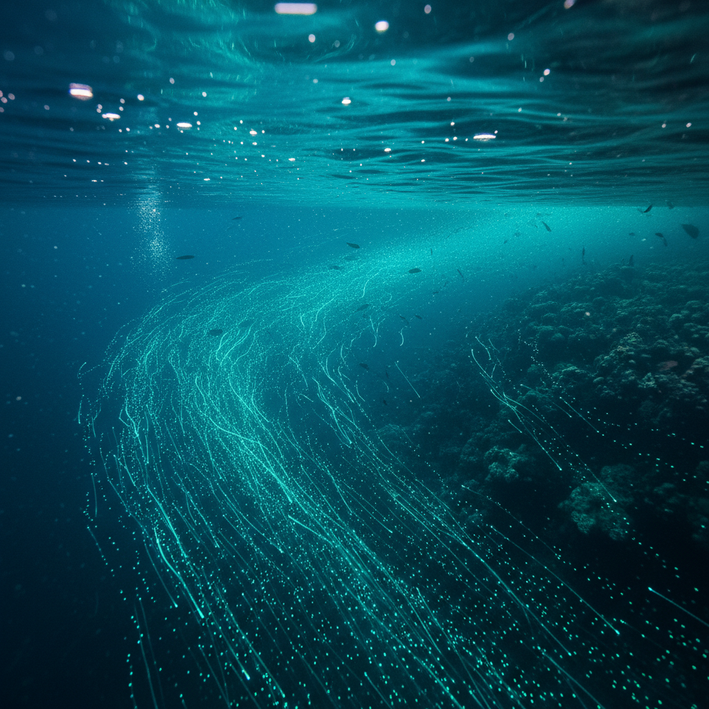 Bioluminescent plankton creating blue glowing light in dark ocean water at night, magical scene