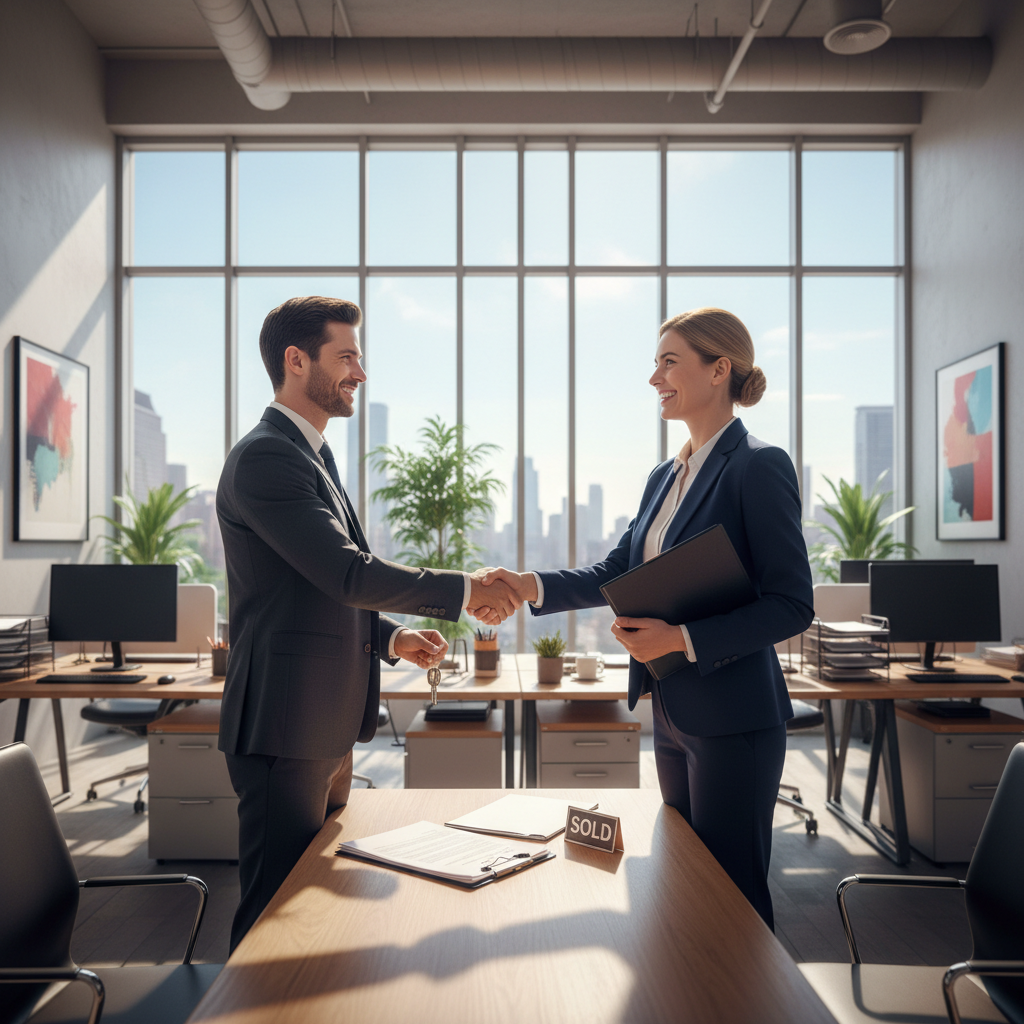 Leasing office mid-handshake professional real estate transaction