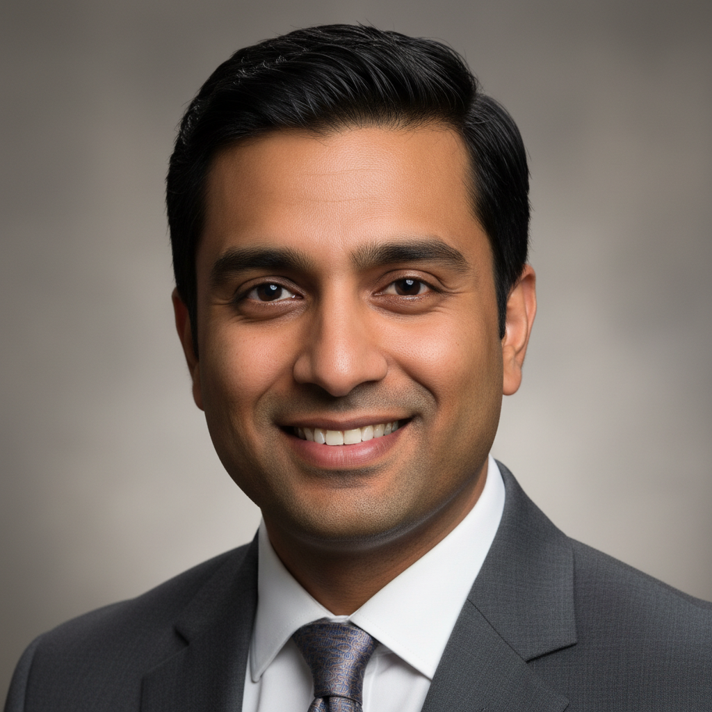 Professional Indian man in business suit, confident corporate headshot