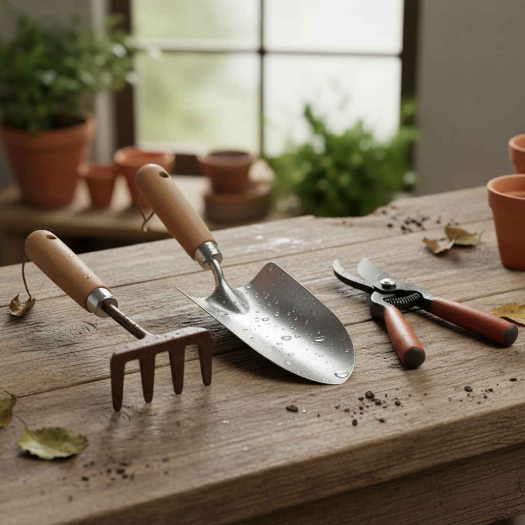 Stainless steel garden tools including trowel, rake and pruners laid on wooden surface