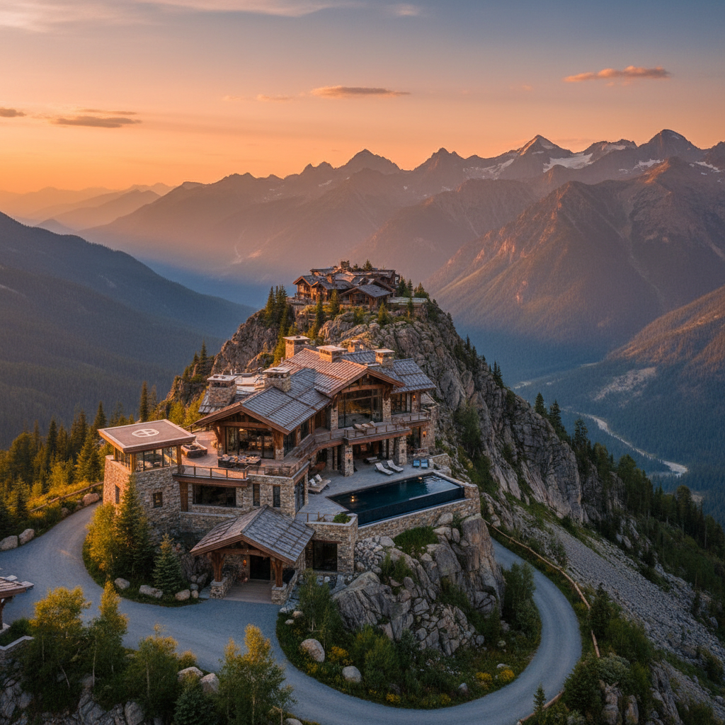 Luxury mountain estate at alpenglow with dramatic sky and three layered ridgelines receding into haze