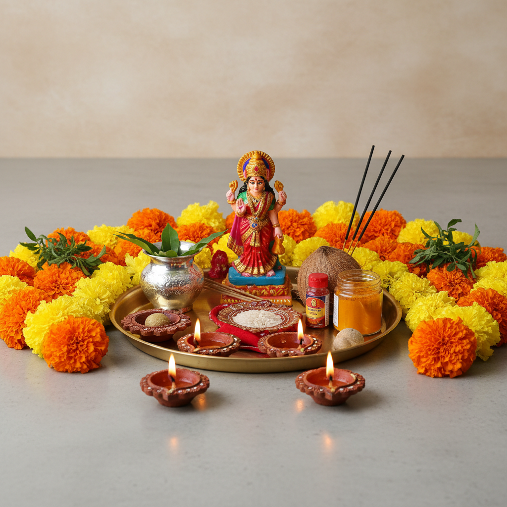 Festive Puja gift set with warm golden packaging in bright ambient light