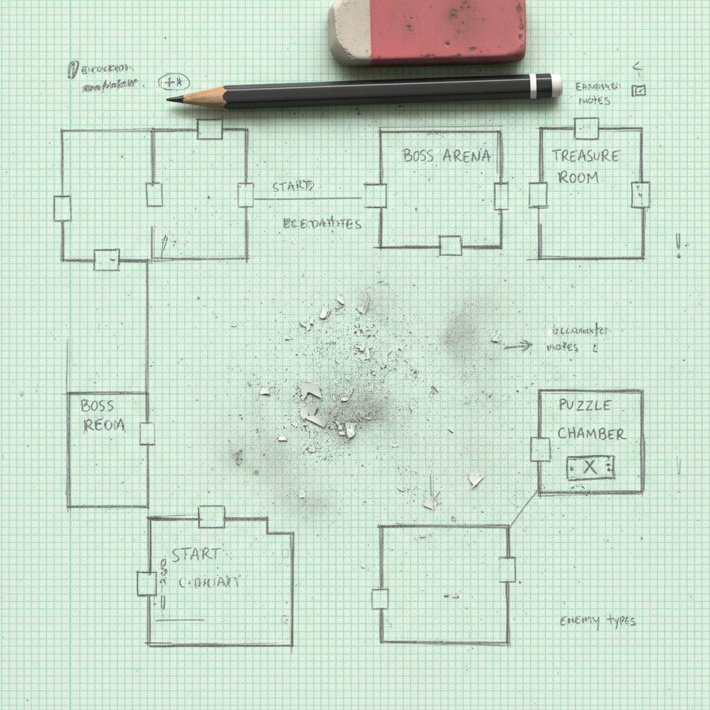 Close-up of pencil marks and eraser dust on graph paper showing level layout sketches with room connections and encounter notes