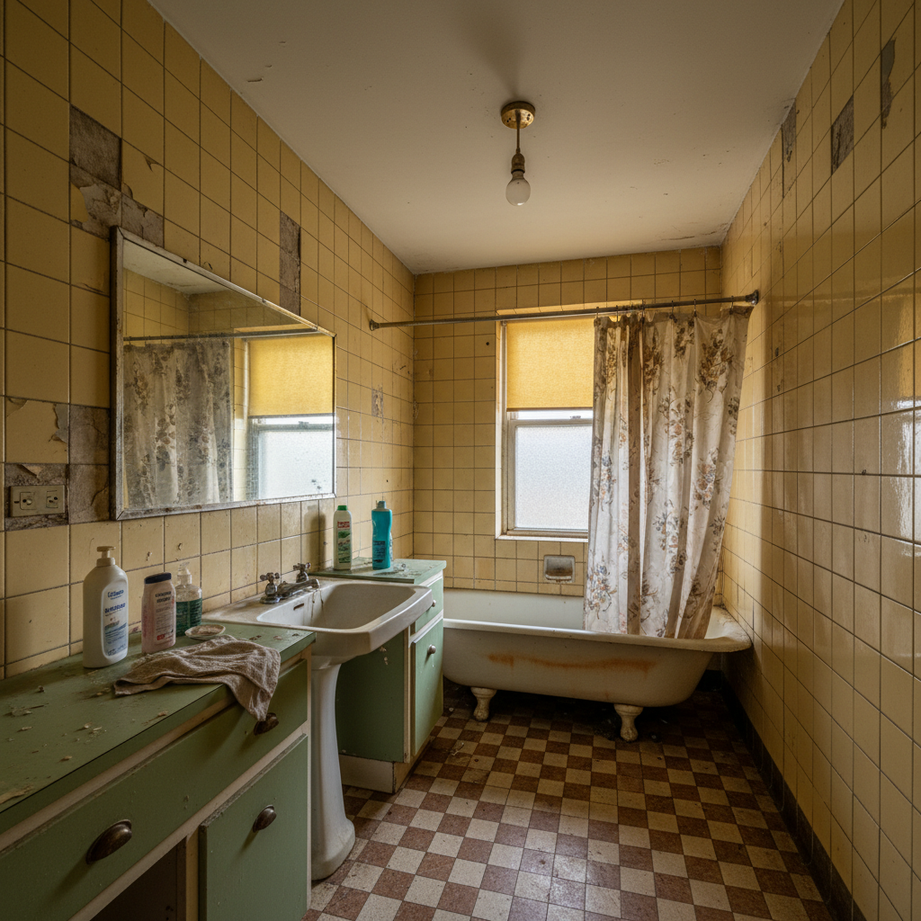Outdated bathroom with old fixtures and dated tile, dim lighting