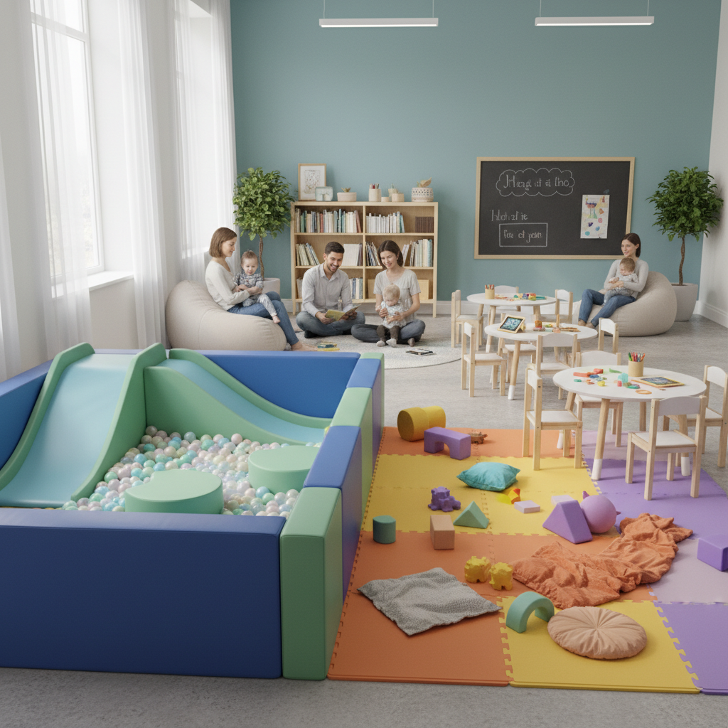 Thumbnail 3 of Soft play toddler zone with foam blocks and ball pit in pastel colors