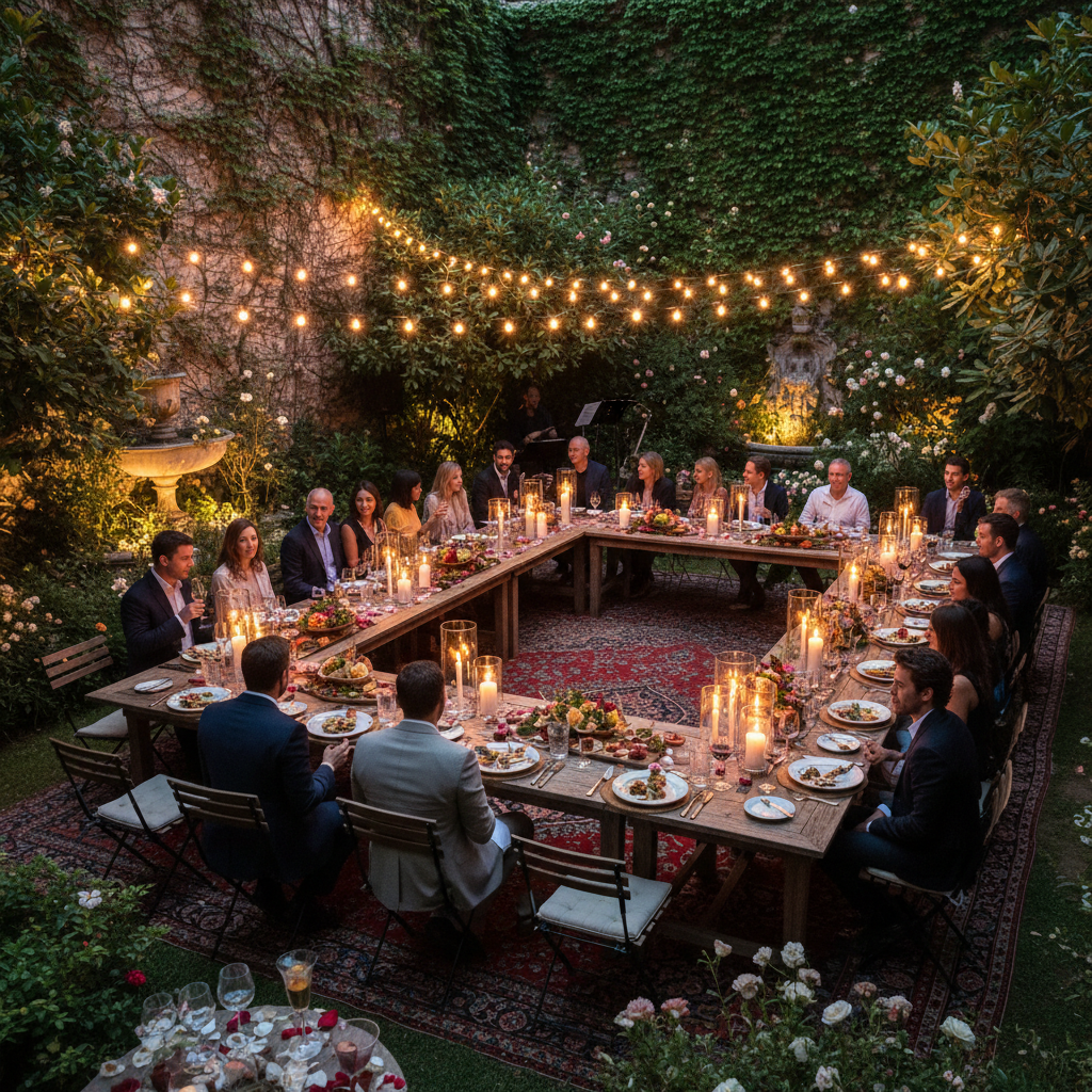 Intimate private party in garden with fairy string lights, guests mingling, warm ambient lighting, relaxed social atmosphere