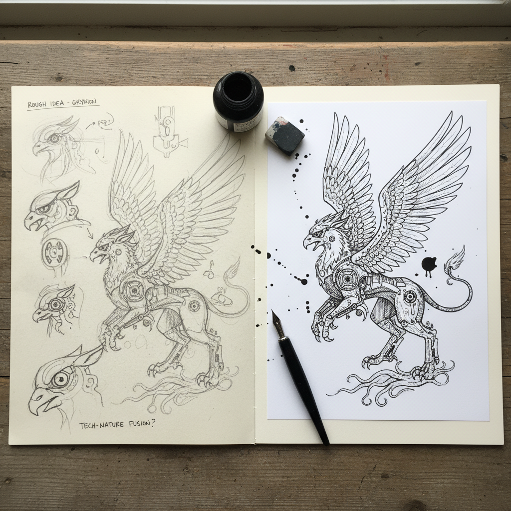 Zine spread showing ink illustration process with rough sketches and final artwork