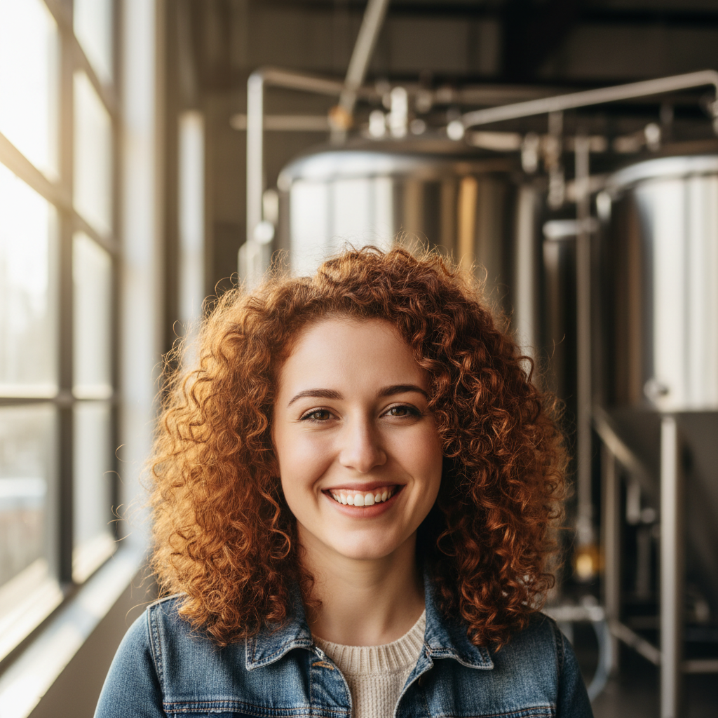 Young woman with curly hair smiling in front of brewery tanks