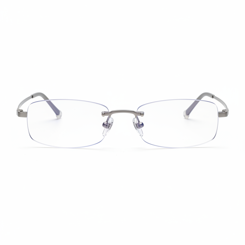 Nearly invisible rimless oval glasses with barely-there silver wire temples on dark background