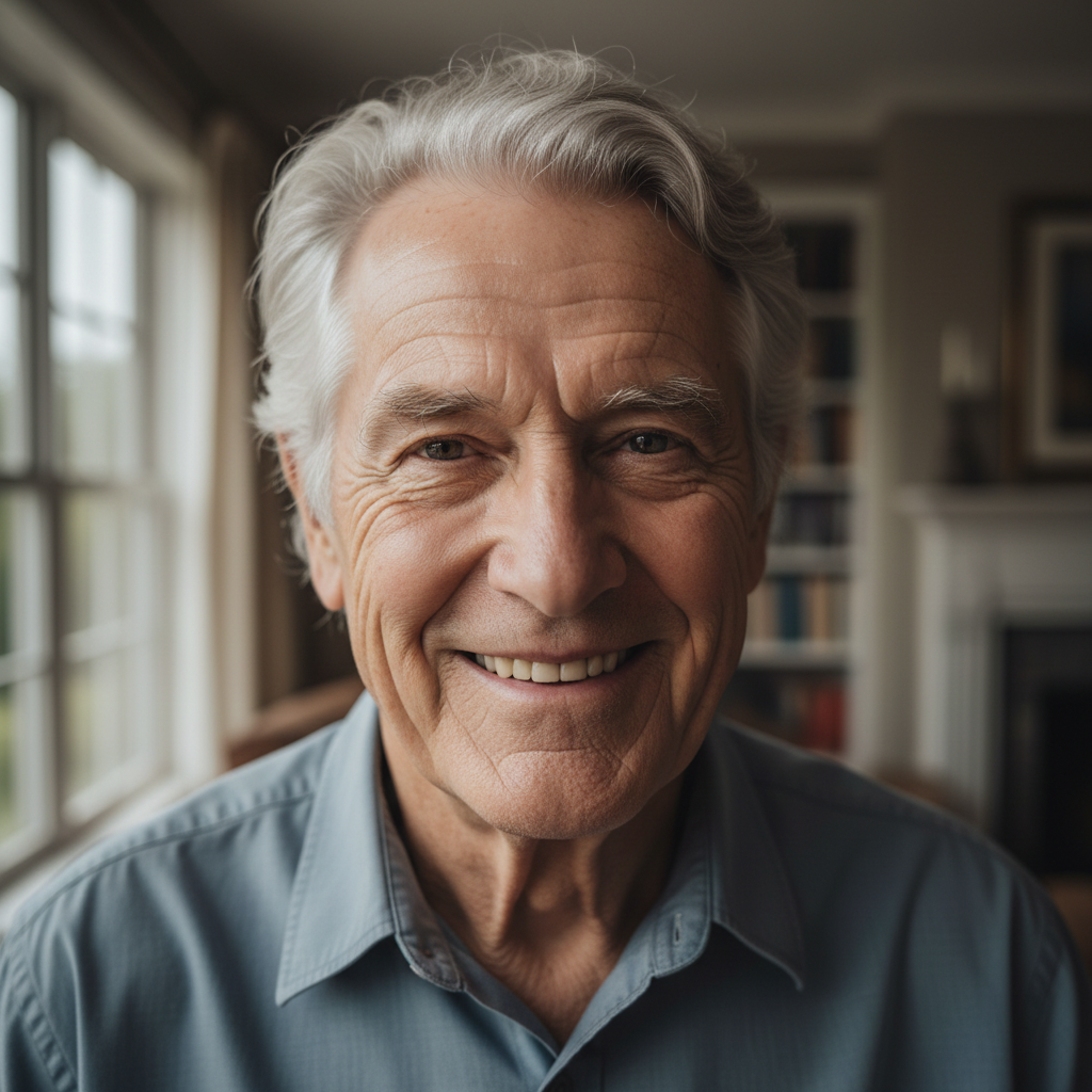 Portrait of Jim Kowalski, a grandfather with silver hair and a proud smile