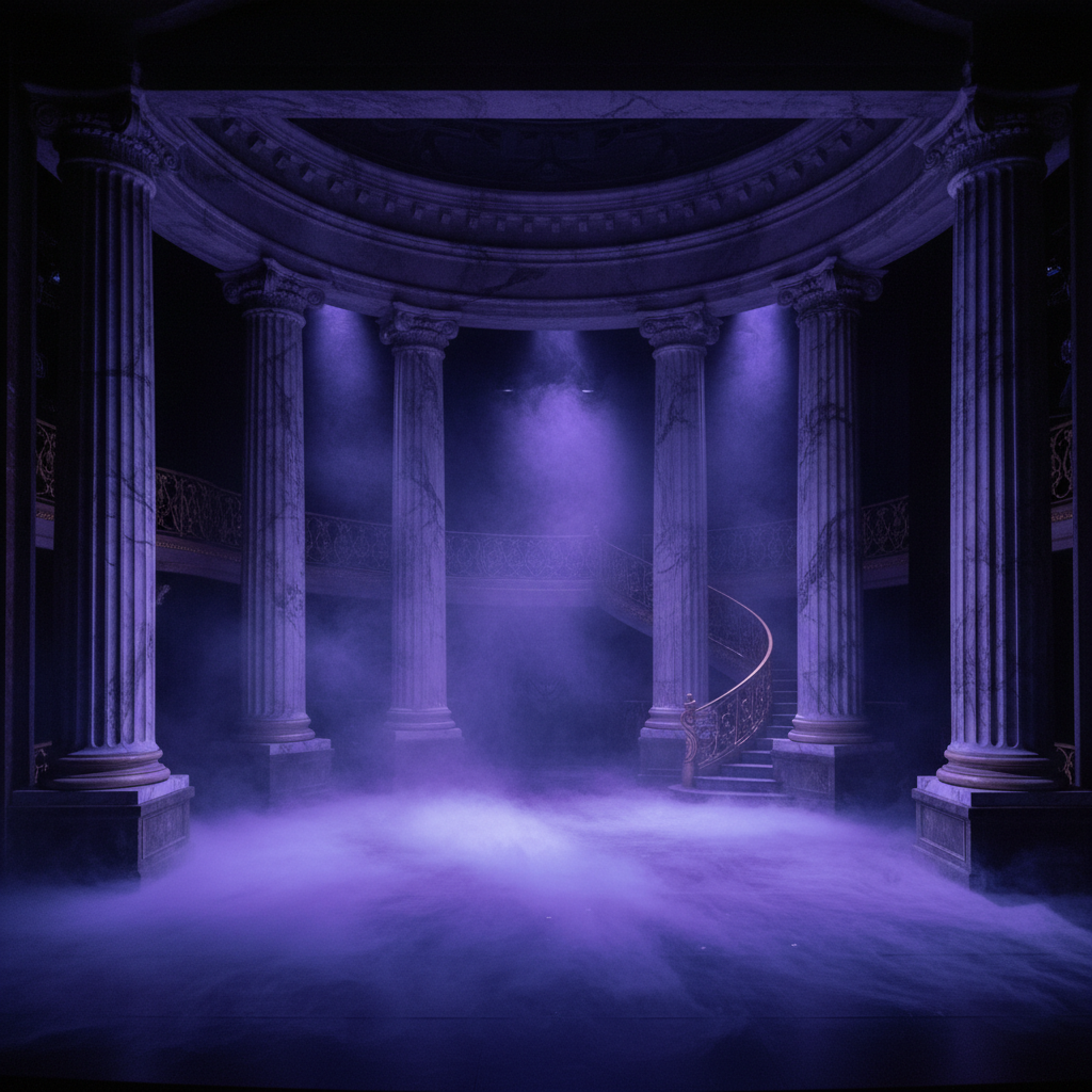 Grand opera stage set with towering marble columns, fog rolling across the floor, and dramatic violet-blue lighting