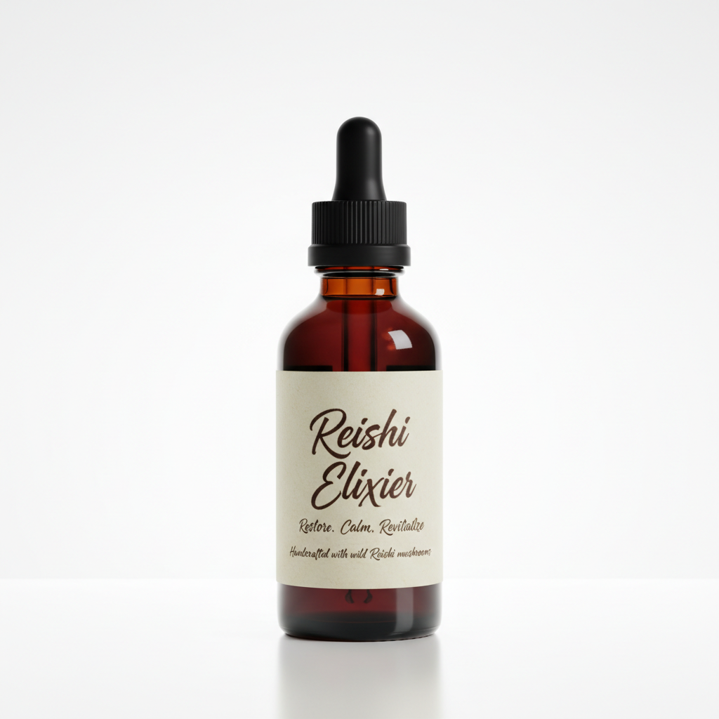 Dark amber bottle of reishi elixir with handwritten label