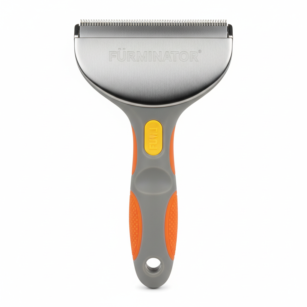 Professional dog grooming deshedding tool with ergonomic handle on a light background