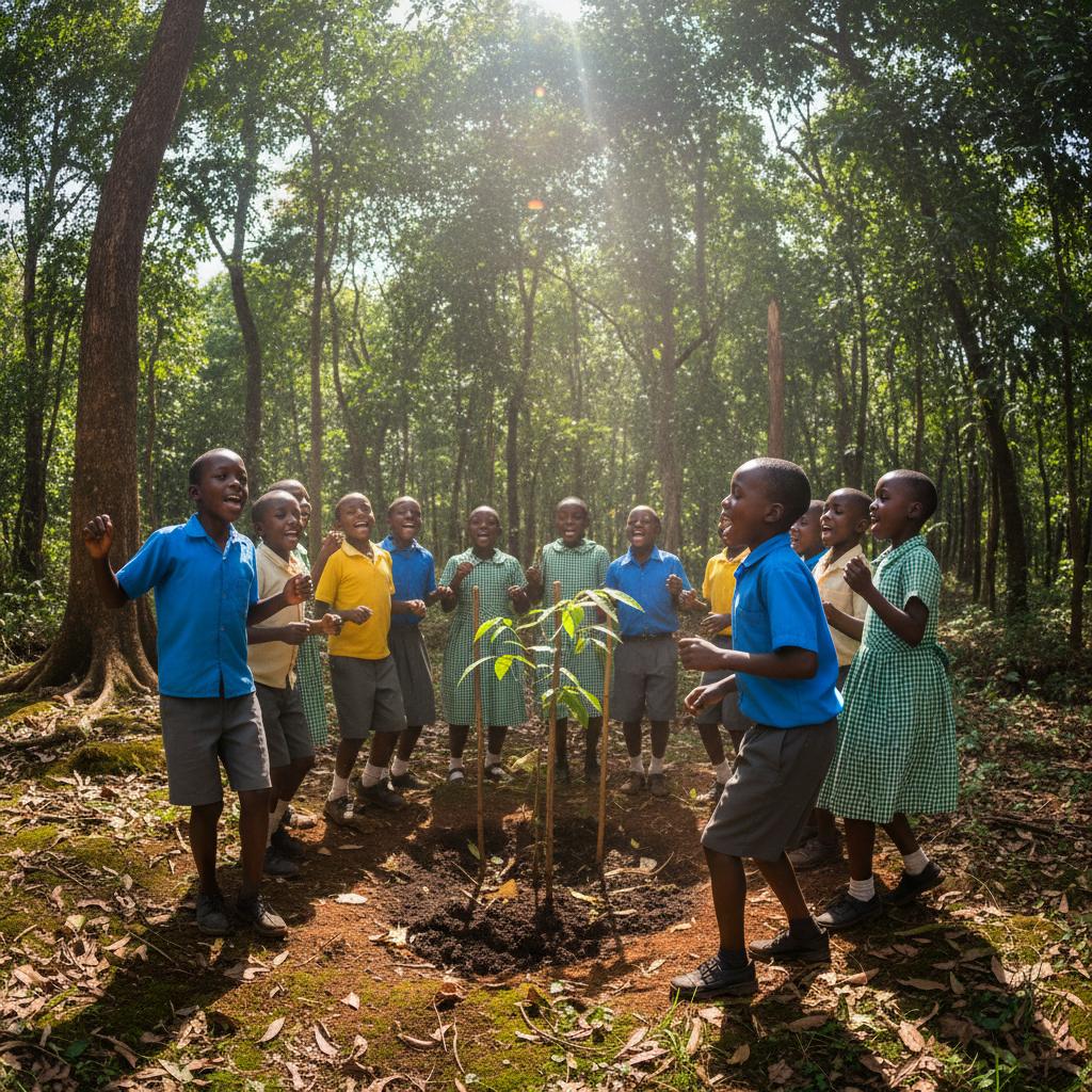 Malawian school girls in uniforms walking to school, bright morning light, green trees, expressions of joy