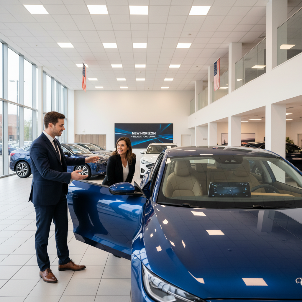 Car salesperson showing a customer a new vehicle at a US dealership showroom in 2026