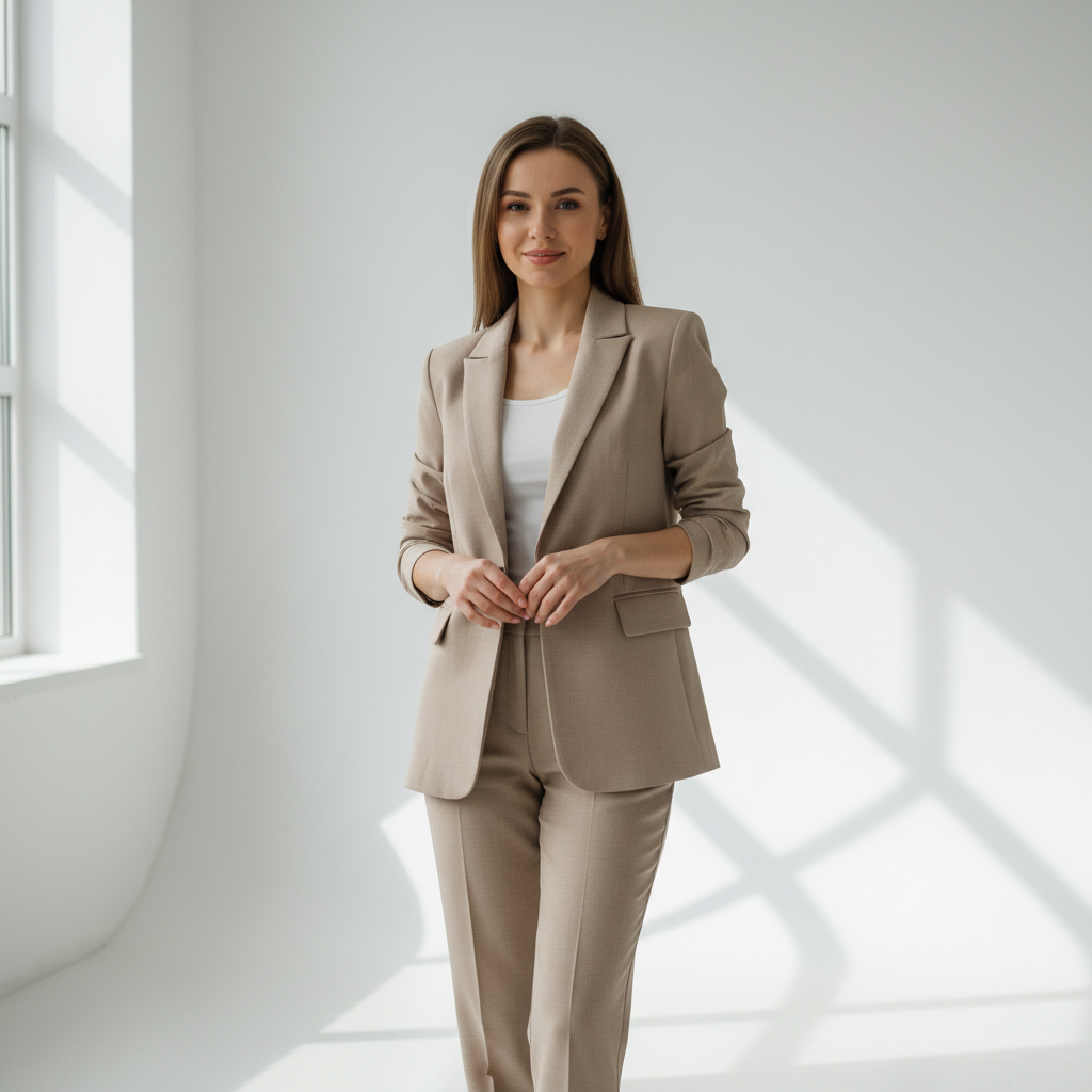 Elegant woman in cream blazer, bright studio, airy minimalist setting
