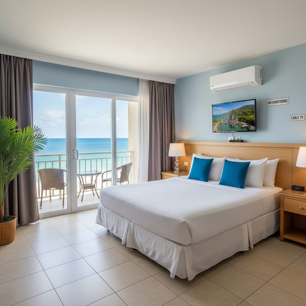 Clean dormitory room with bunk beds, blue accents, and beach-themed decor