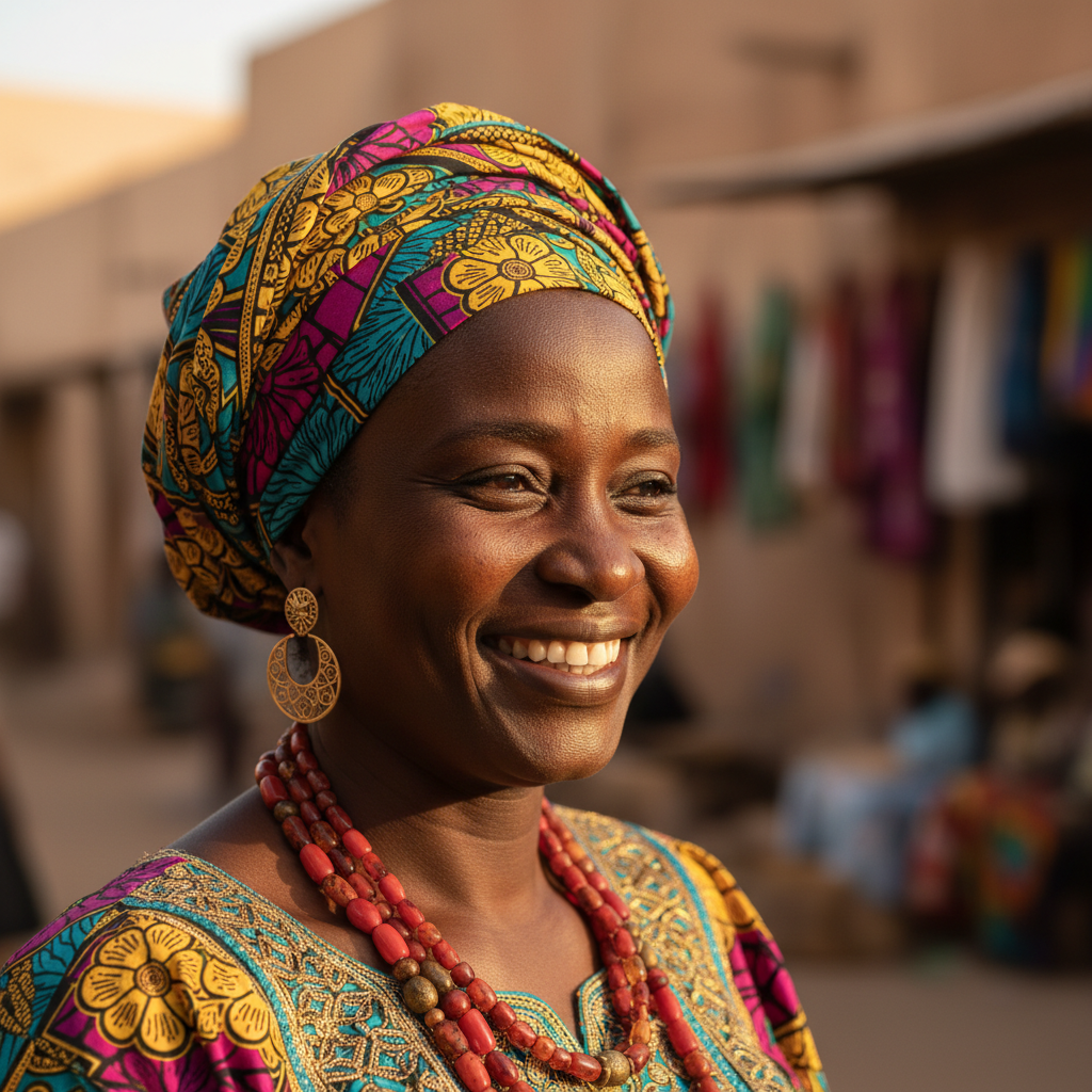 Ivorian woman in elegant attire with warm expression and bright smile