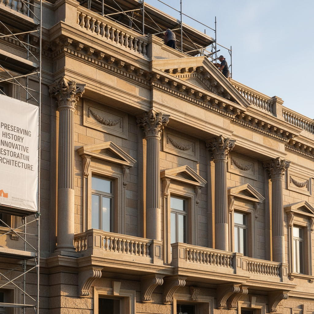 Historic building renovation with custom fiberglass architectural elements, restored facade, classical architecture details