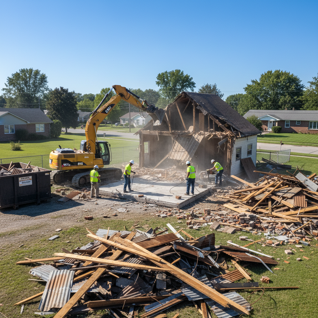 Old detached garage being demolished on a residential lot in Nashville, clear skies, crew on site