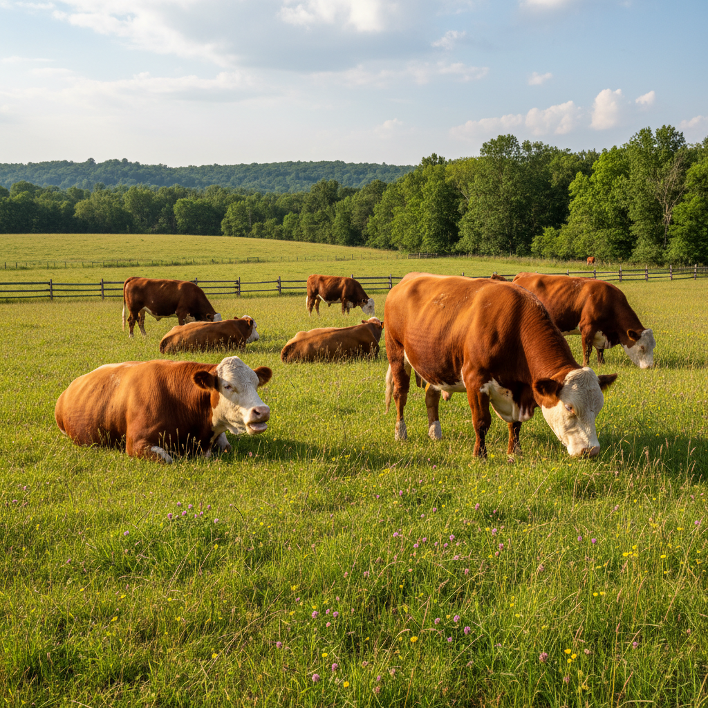 Growing beef cattle in green pasture, strong and healthy, UK countryside