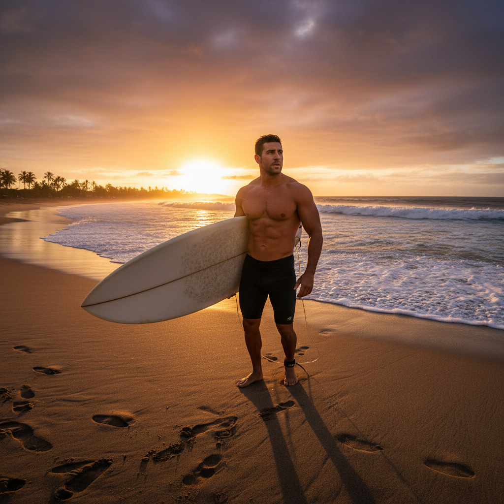 Male surf instructor with tanned skin and curly hair, outdoor beach setting, bright daylight, warm tones