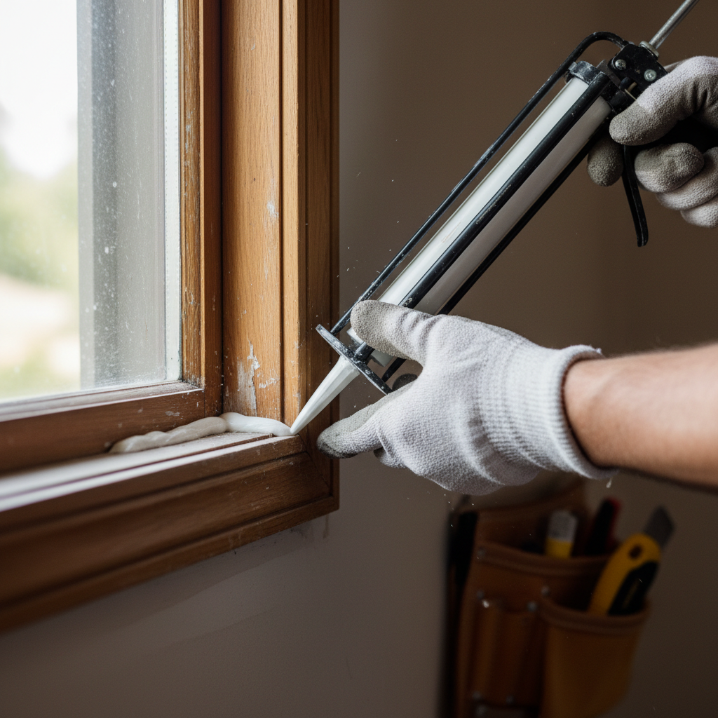 Professional caulking work around window frame exterior