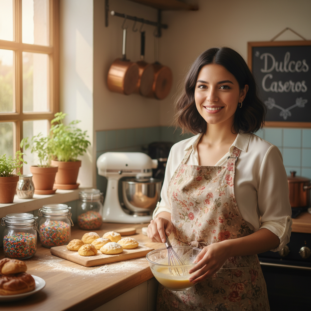 Young woman baker tasting cake batter with a wooden spoon, surrounded by baking ingredients