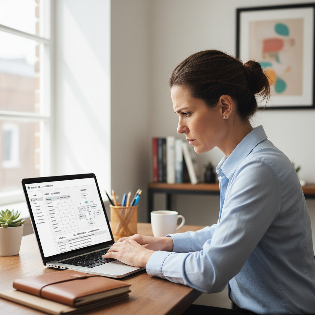 Professional reviewing business documents and productivity reports at a clean desk, dim office lighting, dark professional atmosphere