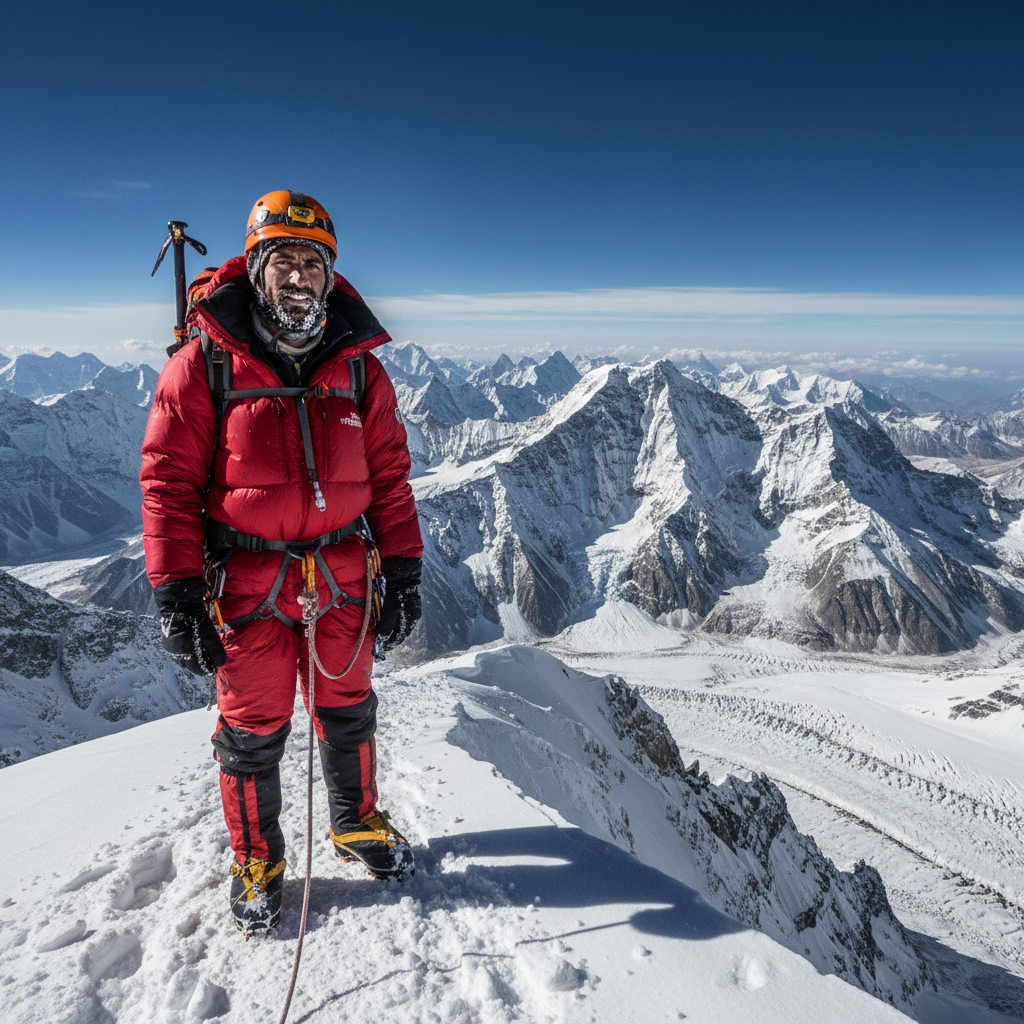Pemba Sherpa wearing expedition gear at high altitude with snow-covered Himalayan peaks