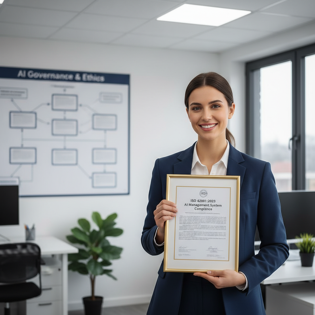 Business professional receiving ISO 42001 certification with compliance documentation and governance framework
