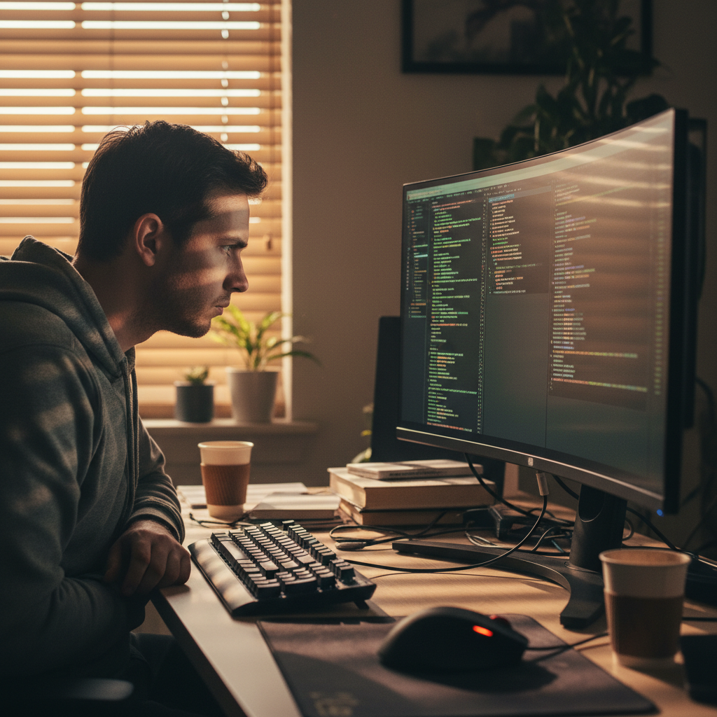 Bright home office with TypeScript code on laptop screen, open window, natural daylight
