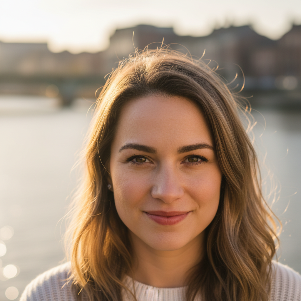 Camille Rousseau, young woman with warm smile, professional outdoor portrait