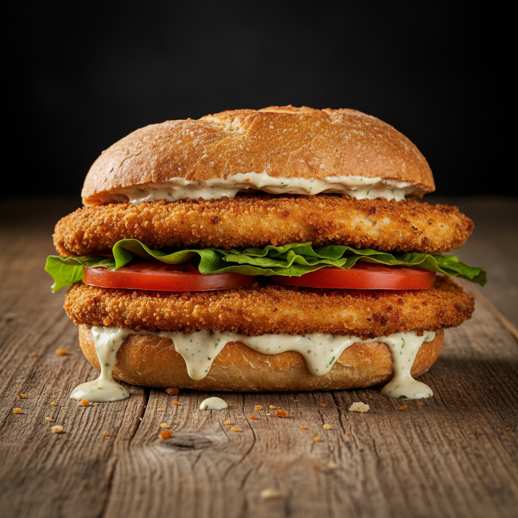 Crispy milanesa sandwich with fresh tomato, lettuce and aioli on a toasted roll