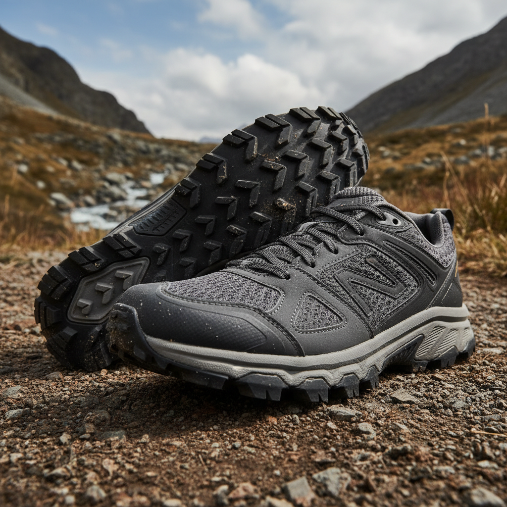 Dark grey trail running shoes with aggressive grip pattern on sole