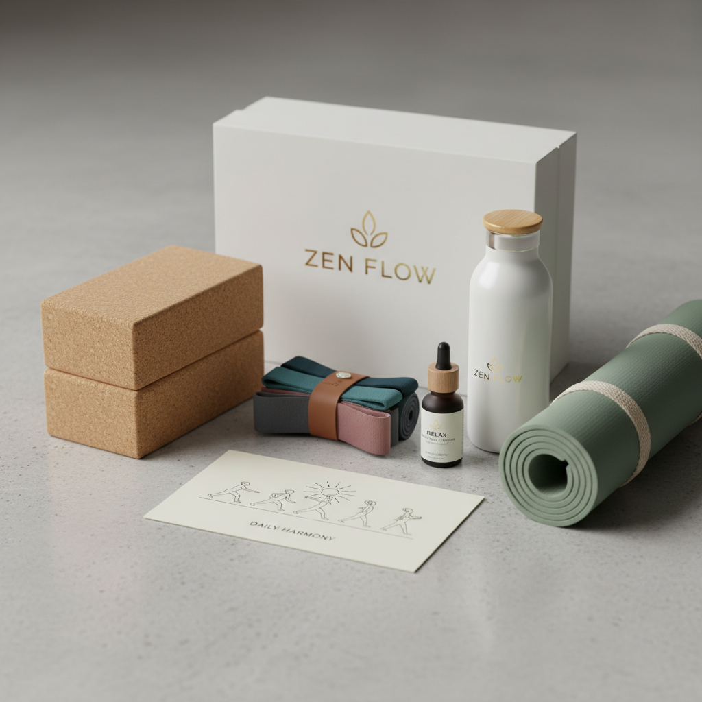 Premium yoga box fully unpacked showing mat, cork blocks, resistance bands, essential oil roller and printed flow card