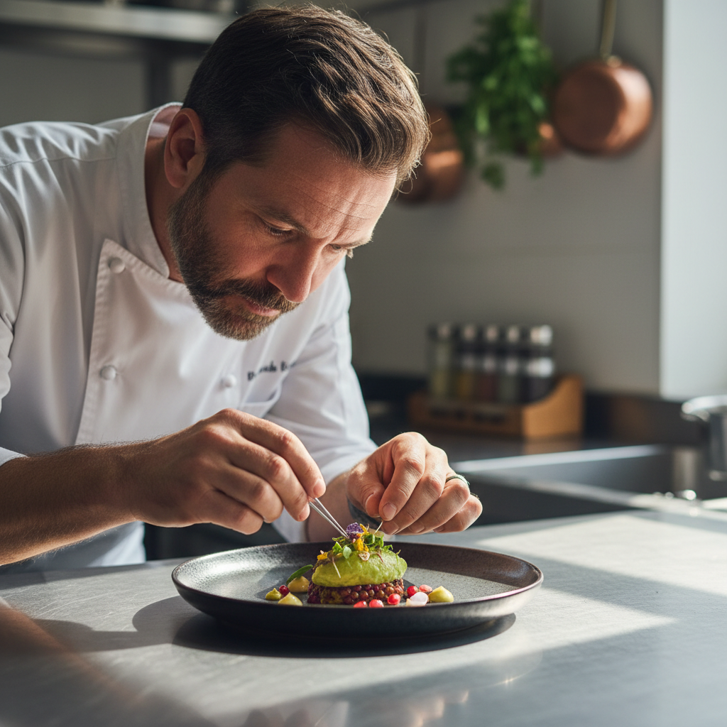 Chef plating exquisite dish with tweezers in professional kitchen with low lighting