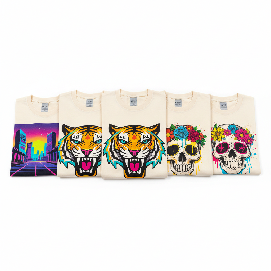 DTF printing machine transferring colorful detailed design onto white cotton t-shirt fabric